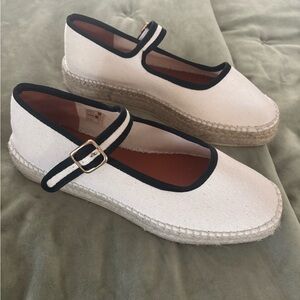 Maeve Cream Canvas Mary Jane Espadrille Flats with Black Trim